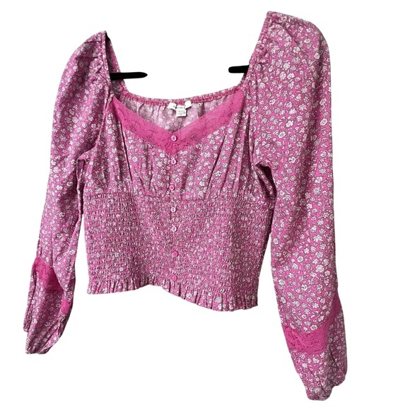 AE Women M Smocked Lace Cotton Milkmaid Top Cottage Peasant Barbie Festival Y2K - Picture 2 of 9